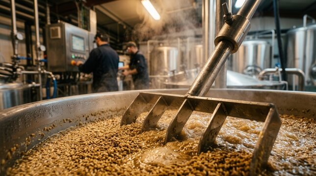 Brewery mash tun rake arm stirring grain mash in sharp focus with blurred brewers in background.