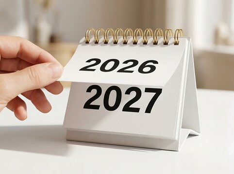 Hand turning page on desk calendar from 2026 to 2027 showing year transition and passage of time for planning.