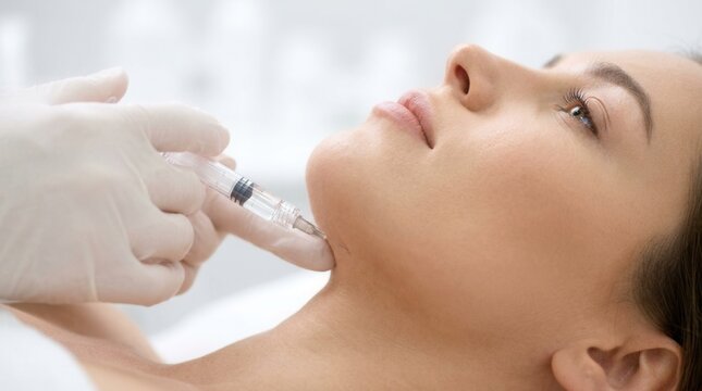 Cosmetic doctor performing a fat dissolving injection in the submental area of a patient.