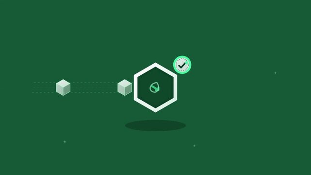 Blockchain data processing animation with hexagon node and checkmark technology network
