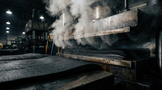 Industrial rubber vulcanization press during the manufacturing process.