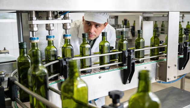 technician, bottle filling machine, quality control, olive oil production line, automated conveyor, manufacturing worker, industrial inspection, beverage packaging plant