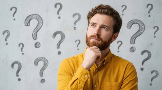 A bearded man in a yellow shirt looking up with a thoughtful expression amidst hand drawn question marks.