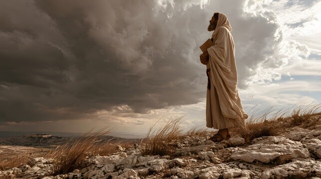 Ancient prophet in robes standing on a rocky hill overlooking a landscape under dramatic storm clouds