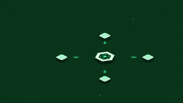 Futuristic hexagonal data network interface, digital hud with glowing nodes and isometric connectivity lines