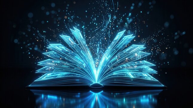 Futuristic open book with glowing digital pages and illuminated data streams.