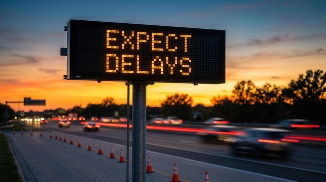 Electronic traffic warning sign displaying EXPECT DELAYS on a highway at sunset.