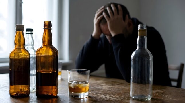 Depressed man sitting at a wooden table holding his head in distress and despair with several alcohol bottles and a glass of whiskey, concept of alcoholism, addiction, and mental health issues.