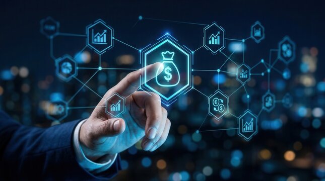 A hand touches a digital money bag icon within a network representing investment and finance.