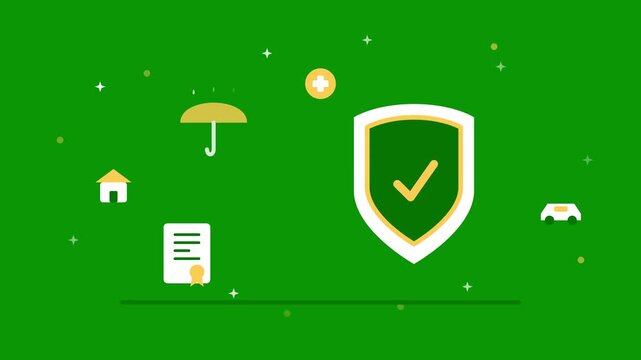 Insurance and protection concept animation: shield with home, health, and auto coverage symbols on green background