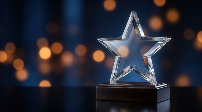 A clear glass star award stands on a dark surface representing achievement and recognition.