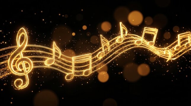 Golden musical notes floating on a wavy staff with sparkling particles.