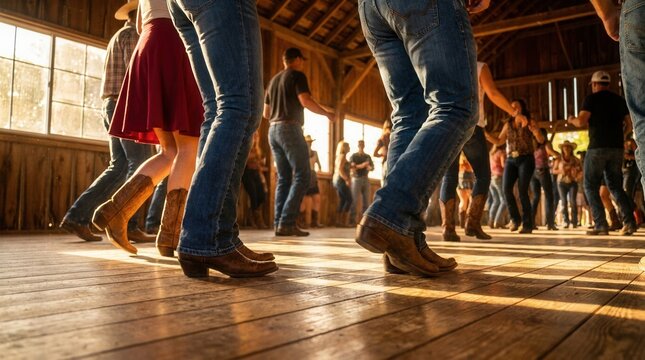 People in jeans and cowboy boots perform energetic line dancing in a wooden hall.