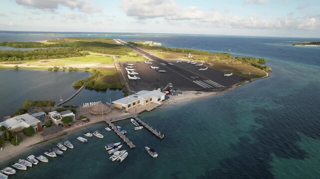 Aerial view of Los Roques airport in the Caribbean, Venezuela.