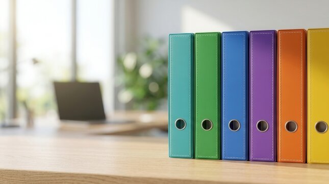 Colorful document binders lined up on a light wood office desk.