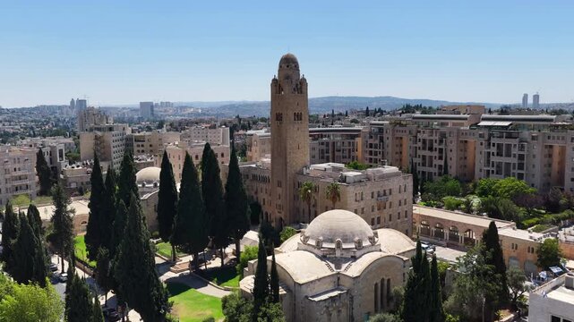 Aerial YMCA Tower Historic Landmark In Central Jerusalem
