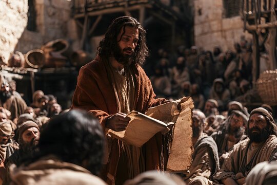 A bearded man in a robe reading a scroll to a seated crowd in an ancient village square