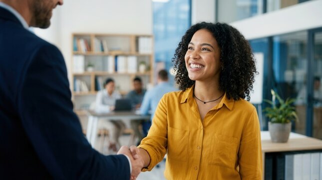 A smiling student athlete shakes hands with a compliance officer after signing an NIL contract.