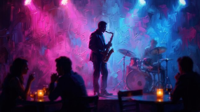 A saxophone player performs in a dimly lit jazz club filled with neon lights.