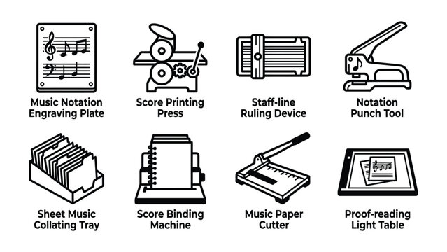 Music Production Tools: A collection of essential tools and equipment used for creating and producing musical scores, from engraving and printing to binding and proof-reading.