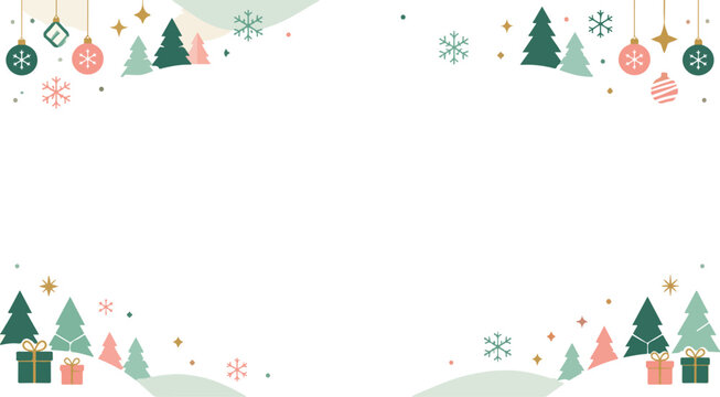 Cute Christmas frame and border vector illustration with pastel fir trees, colorful baubles, and snowflakes on white background