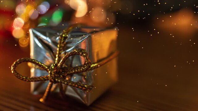 Shiny Christmas gift box with a golden bow sitting on a wooden table with sparkling lights and magical glitter falling in a festive holiday celebration atmosphere