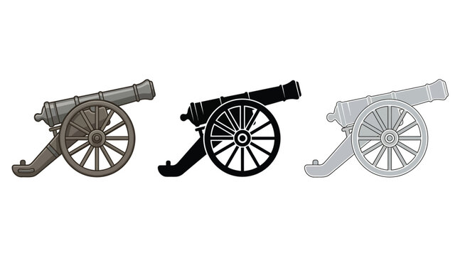 Antique cannon illustration in three color variations against a white background