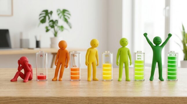 Colorful human figures next to battery meters showing progression from red burnout to green full energy vitality.