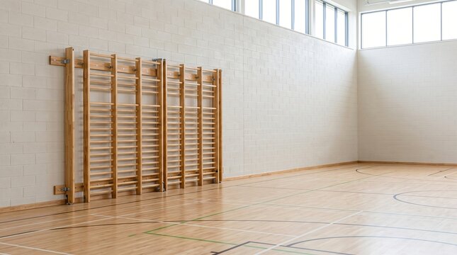 Empty School Sports Hall With Folded Wooden Wall Bars Showing Reduced PE Provision