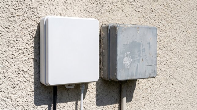 New White Fibre Optic Termination Box Beside An Old Grey Box as A Broadband Upgrade Metaphor
