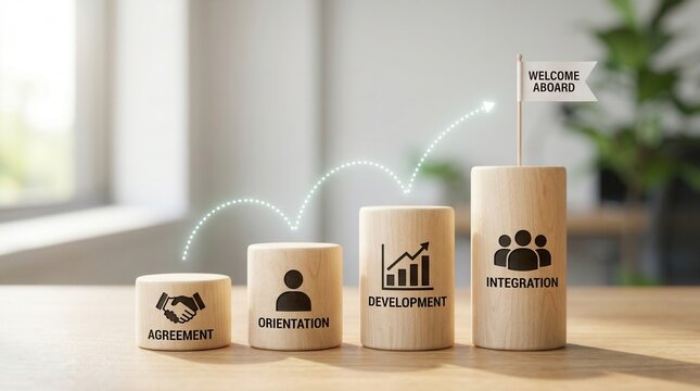 Wooden steps representing the new employee onboarding process from agreement to integration.