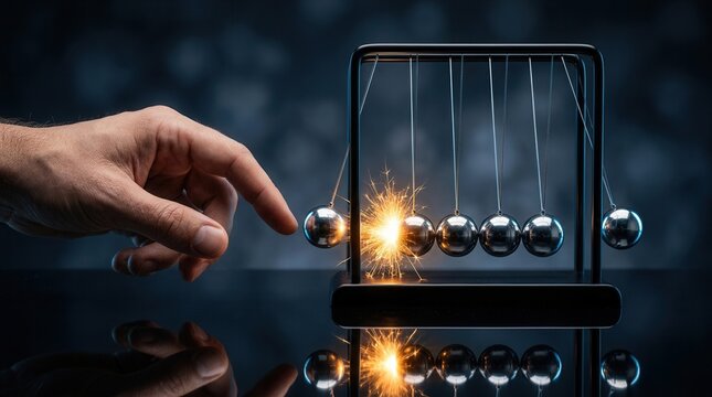 A hand pulls a Newton's cradle metal ball creating a glowing spark and physics chain reaction.