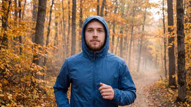 White man runs on a maple forest trail in a blue windbreaker, focused calm expression, for autumn activewear editorials and fitness marketing.
