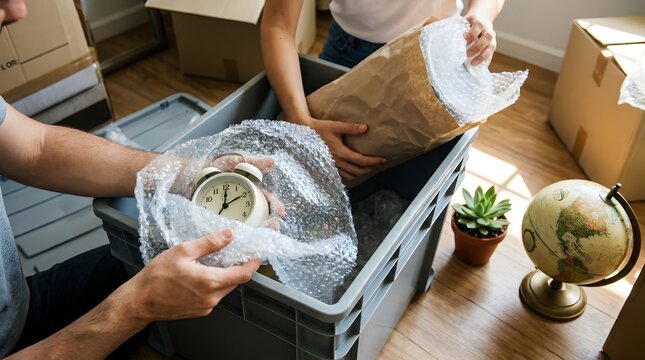 High-angle view of a couple packing their belongings into a storage bin, carefully wrapping a vintage-style alarm clock and household items for relocation and moving to a new home.