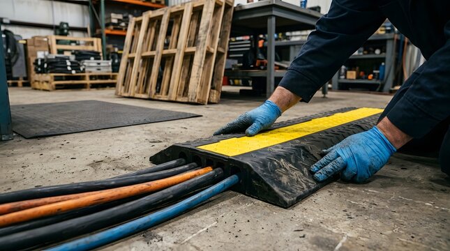 Professional technician wearing protective nitrile gloves installing a heavy duty rubber cable ramp protector to organize power wires and industrial hoses on a warehouse floor for safety compliance.
