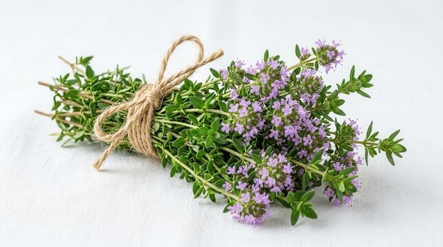 Fresh blooming thyme bunch tied with twine on a white background.