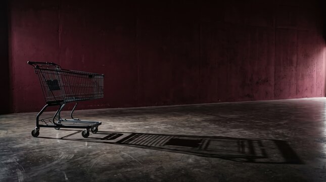 3d Cyber Monday abstract background  design nwe 2026 Empty shopping cart in dimly lit abandoned warehouse interior illustration
