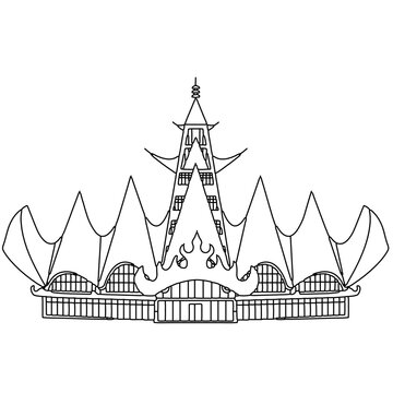Lampung Traditional House Nuwo Sesat and Siger Tower Landmark Illustration Black and White Line Art Vector artwork