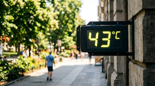 Digital street thermometer displaying extreme 43 degrees Celsius heatwave in a sunny city park with blurred people walking under green trees, representing climate change and summer global warming.