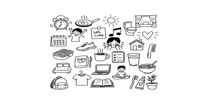 Daily routine doodle icons for morning habits and lifestyle organization.