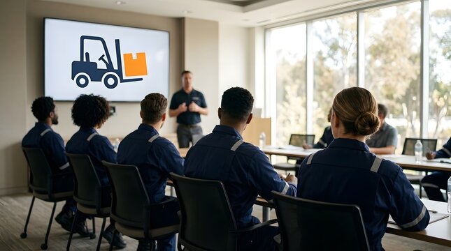 Industrial workers in blue uniforms attending a professional warehouse safety training session and logistics presentation with an instructor and forklift icon displayed on a large screen.