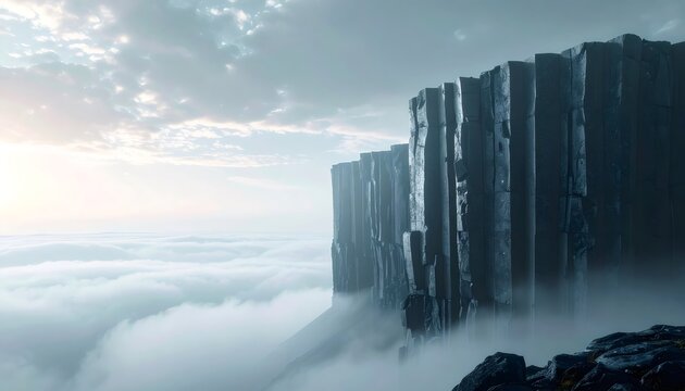 Basalt columns emerging from mystical fog clouds