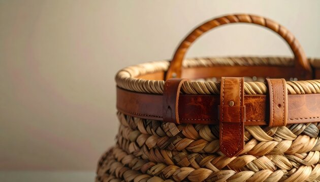 Handcrafted woven basket with leather trim and handle