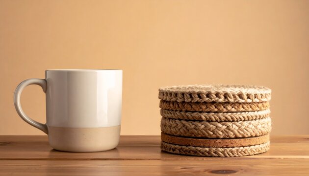 Ceramic mug and woven coasters on wooden table