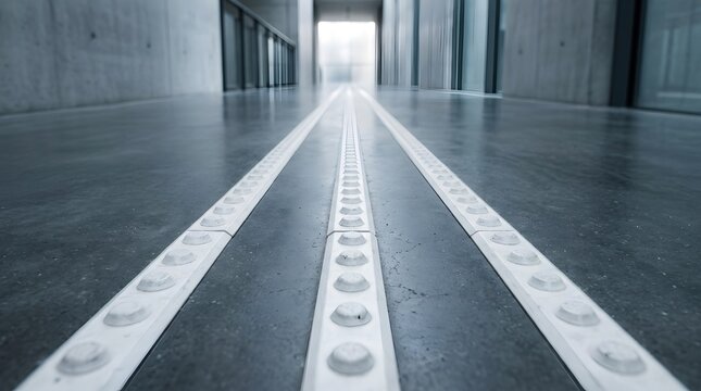 Low angle view of tactile paving for visually impaired people on a polished concrete floor in a modern minimalist hallway leading towards a bright light at the end of the corridor.
