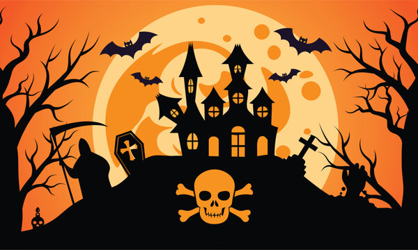 Happy Halloween banner background with skull haunted castle grim reaper full moon and bats vector illustration