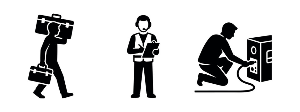 Service Worker and Technician Icons Set. Support Staff, Repairman, and Porter Silhouettes for Professional Services.