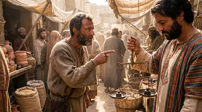 Prophet Amos the shepherd confronting dishonest merchants in biblical marketplace, prophetic judgment scene