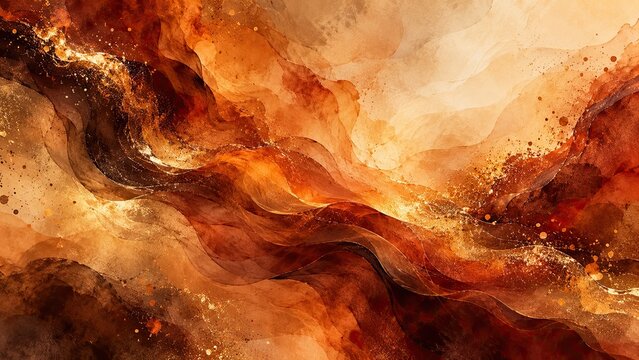 Abstrakter Herbsthintergrund in kr&auml;ftigen Rost-, Orange- und Goldt&ouml;nen mit organischen Wellen, zarten Blattmotiven und funkelnden Lichtakzenten f&uuml;r kreative Designs.