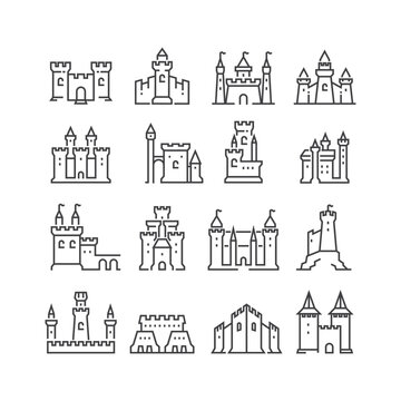 Vector line icon set featuring sixteen medieval castle, fortress, and palace designs.
